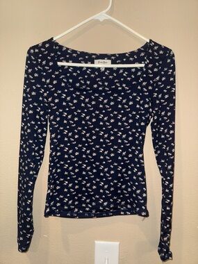 Free People Navy Floral Square Neck Long Sleeve Tee